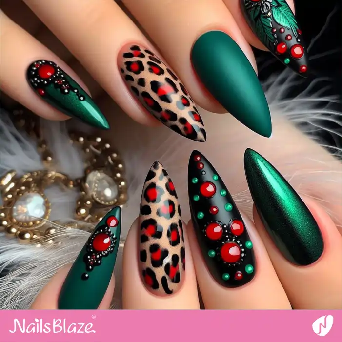 Emerald Green Nails Leopard Print Design | Animal Print Nails - NB2612